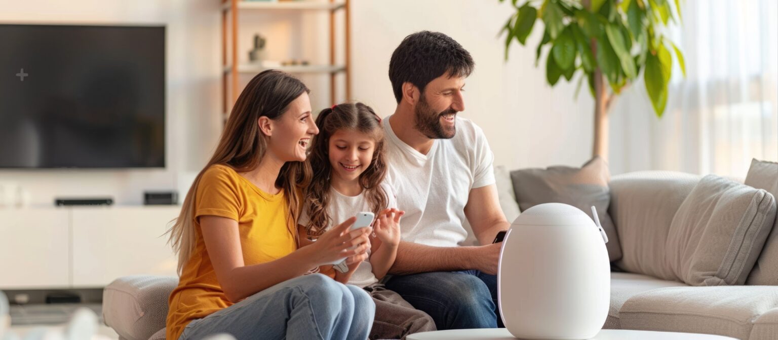 Father and two daughters playing with a robot, sharing joyful and educational moments in the living room. AIG62